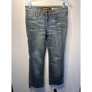 Dollhouse Womens Low Rise Bootcut Jeans Medium Wash Distressed Raw Hem Y2K